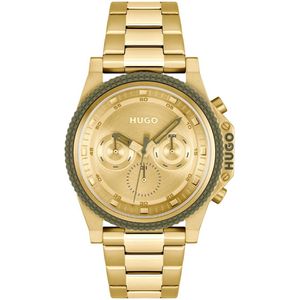 HUGO HU1530349 #BRAVE Heren Horloge - Mineraalglas - Staal - Goudkleurig - 46 mm breed - Quartz - Vouw/Vlindersluiting - 5 ATM (douchen)