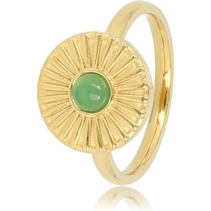 My Bendel - Ring goud zonnetje met Green Agate - Vrolijke gouden edelstalen ring met een zonnetje en Green Agate edelsteen - Met luxe cadeauverpakking