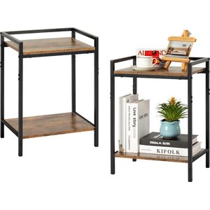 Goodivery ® Vintage Bruine Houten Bijzettafel, Nachtkastje, 2 Niveaus, Set van 2