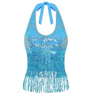 Dames Pailletten Top Nekhouder Shirt met Glitter Franjes voor Dans en Party
