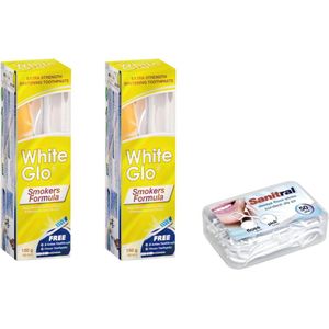 White Glo Smokers Formula Whitening Tandpasta 150 g x 2 (met Sanitral 50 tandzijdestokje als cadeau)