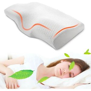 Vlindervormig Ergonomisch Nekkussen – Orthopedisch Cervicaal Kussen – Traagschuim Hoofdkussen met Dubbele Ondersteuning – Ademend & Huidvriendelijk – Wit/Oranje