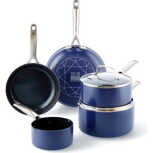 7-delige Pannenset Versterkt Met Diamanten Keramische Antiaanbaklaag - PFAS-vrij - Blauw pannenset inductie koudgrepen