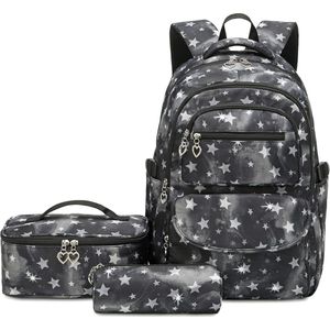 Rugzak met sterren 3 stuks - Zwart/grijs - 30 x 17 x 44 cm - Rugtas, lunchtas, etui - 15.6 inch laptoptas - Schoolrugzak voor kinderen - School tassen set voor meiden - 22 L - Schooltas voor meisjes - Schoolrugtas