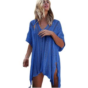 bikini dames-Blauwe Bikini Cover Up – Gehaakte Mid Sleeve Strandjurk – Zomerse Badmode Overgooier – One Size – Lichtgewicht Acrylstof – Zwempak Cover