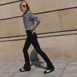 Dames top-gestreept lange mouwen shirt-blauw wit-zacht elastisch katoenmix-met zakje-maat S