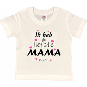 T-shirt Kinderen ""Ik heb de liefste mama ooit!"" Moederdag | korte mouw | Wit/roze/zwart | maat 86/92
