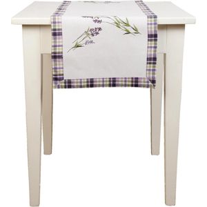 Clayre & Eef - Tafelloper - Geborduurde lavendel en geruite rand - Aubergine - 40 x 120 cm