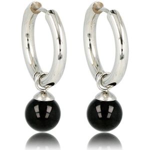 My Bendel - Zilverkleurige oorbel Onyx edelstenen balletje - Onyx Elegantie: Zilverkleurige Oorringen met Edelsteen - Met luxe cadeauverpakking