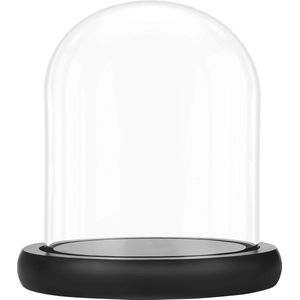 Belle Vous Glazen Stolp Bel Pot met Zwarte Houten Basis – 17 cm – Helder Decoratieve Tafeltop Display Kast met Bak Voor Fee Lichten, Kopstukken en Antiek