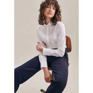 Dames blouse slim fit poplin wit hooggesloten kent kraag lange mouw- Maat: 40