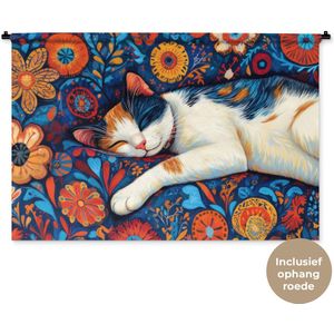 Wandkleed 120x80 cm - Wanddoek Kat - Bloemenpatroon - Blauw - Oranje - Wandtapijt - Wandkleden