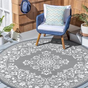 Outdoortapijt, rond, 180 cm, weerbestendige omkeerbare vloermat, kunststof terrastapijt, buitentapijt, UV-bestendige campercamping, balkontapijt voor terras, strand, barbecue, picknick, terras, woonkamer