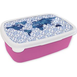Broodtrommel Roze - Lunchbox - Brooddoos - Kaart - Delfts blauw - Tegeltje - 18x12x6 cm - Kinderen - Meisje