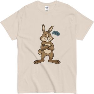 Schattig en Stoer T Shirt - Bunny Cartoon Konijn met Tekst: Hey! - voor Vrouwen en Mannen - Beige - M