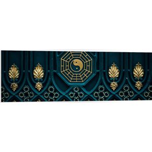 PVC Schuimplaat- Blauwe Houten Deur met Gouden Details - 120x40 cm Foto op PVC Schuimplaat