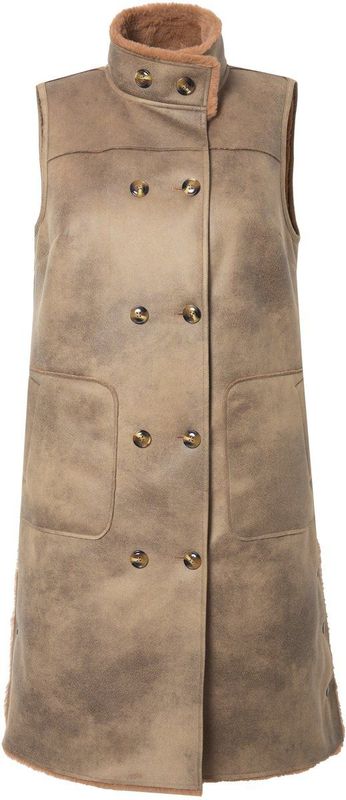 MIAMODA - Dames - Omkeerbare bodywarmer leerlook/teddypluche zijsplitten - Beige - Maat 42+