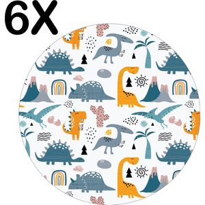 BWK Luxe Ronde Placemat - Dino Patroon - Kinderlijk - Getekend - Set van 6 Placemats - 40x40 cm - 2 mm dik Vinyl - Anti Slip - Afneembaar