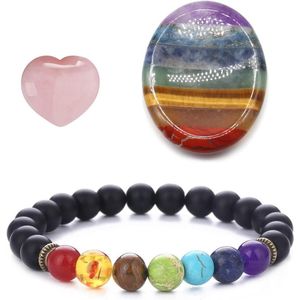 Kristallen Healing Stenen, Spirituele Energie 7 Chakra Duimstenen, Anti-Angst Worry Stone, Chakra Kristallen Hartvormig Roze, 7 Chakra Armband Zwart