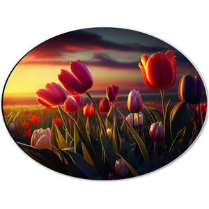 Dibond Ovaal - Kleurrijke Tulpen in Bloemenveld - 40x30 cm Foto op Ovaal (Met Ophangsysteem)