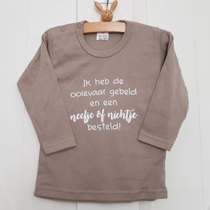 Shirt Aankondiging zwangerschap ik heb de ooievaar gebeld en een nichtje of neefje besteld | lange mouw | zand | maat 56 | in wording zwangerschap aankondiging bekendmaking Baby