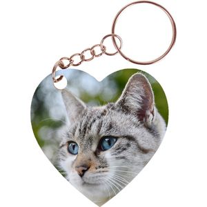 Sleutelhanger hartje 5x5cm - Poes Wit/Tijger Close-up