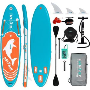 FunWater - Opblaasbaar Supboard - SUP board - 320*84*15 CM - Blauw - Dolfijn - Compleet Pakket - Accessoires - Staand - Verticaal - Inclusief pomp , reisrugzak, 3 Finnen, Stoeltje - Surfboard - Verstelbare aluminium peddel - Breed Formaat