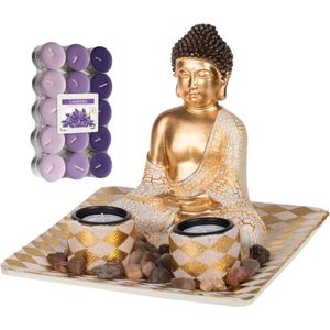 Boeddha beeld voor binnen 21 cm met 30x geurkaarsen lavendel - Buddha beeldje met theelichtjes/waxinelichtjes