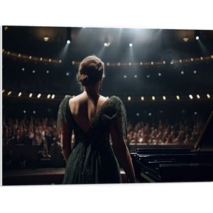 PVC Schuimplaat - Vrouw - Muziek - Podium - Publiek - Jurk - Mensen - Piano - 80x60 cm Foto op PVC Schuimplaat (Met Ophangsysteem)