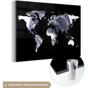 MuchoWow® Glasschilderij 120x80 cm - Schilderij acrylglas - Wereldkaart - Zwart - Wit - Wereldbol - Foto op glas - Schilderijen