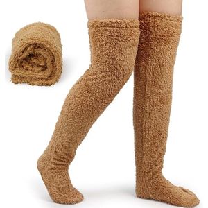 Pluche overknee-sokken voor dames, boven de knie, pluizige pluche sokken, warme kniekousen, pantoffelkousen, knuffelsokken, wintersokken voor vrouwen, winter, huisbont, lange beenwarmers - bruin