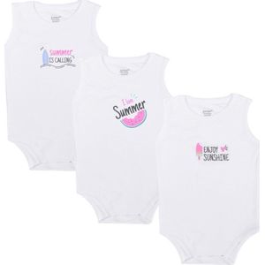 Junior - Romper - Egyptisch katoen - 3-pack - Wit - Mouwloos - 9-12 maanden - 7213-17