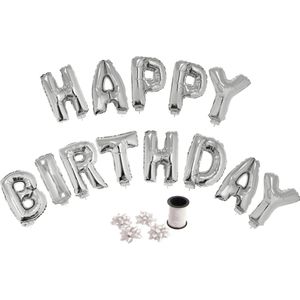 Folie ballonset zilver met letters HAPPY BIRTHDAY 41 cm + geschenklint 10m met 4 witte strikken