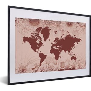 Fotolijst incl. Poster - Wereldkaart - Bloemen - Rood - 60x40 cm - Posterlijst