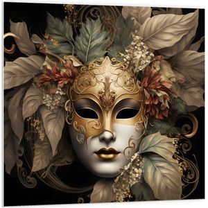 PVC Schuimplaat- Venetiaanse carnavals Masker met Gouden en Beige Details tegen Zwarte Achtergrond - 100x100 cm Foto op PVC Schuimplaat