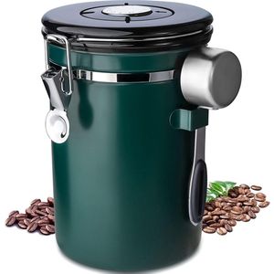 Koffieblik, luchtdicht, houder van roestvrij staal, vacuüm koffieblikje, met lepel, met datumtracking voor koffiebonen, koffiepoeder, 1,8 l, groen