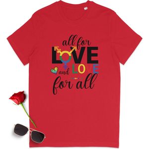 Gay Pride t shirt - Pride tshirt - All for Love - Dames tshirt met print - Heren t shirt met Pride opdruk - Unisex Pride Shirt - Unisex maten: S M L XL XXL XXXL - tshirt kleuren: Wit,  geel, oranje en rood.