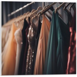 PVC Schuimplaat - Rek Vol Verschillende Kleuren Gala Jurken - 50x50 cm Foto op PVC Schuimplaat (Met Ophangsysteem)