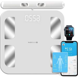 Weegschaal met Handvat | Lichaamsanalyse Slimme Weegschaal met App | Digitale Badkamerweegschaal BMI Spiermassa BMR Botgewicht Hartslag | Body Scale Bluetooth | Wit