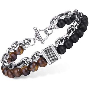 Victorious Set Bruin en Zwart Natuurstenen Kralen Armband Heren – Zilver Staal – 20.5cm