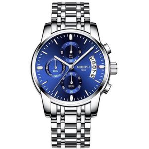 Nibosi horloges voor mannen - zilver schakelband - zilver kast - blauw uurwerk - Heren - Ø 42 mm - Roestvrij Staal - Waterdicht tot 3 bar - Chronograaf - Geschenkset- datumweergave