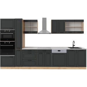 Vicco R-Line Complete keuken – 350 cm , WB Marmer Antraciet landhuis/gouden eik , WB Marmer