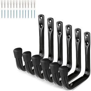 Opberghaken - wandhaken - gereedschapshaken - garage organizer - 6 stuks - 9*11.5 cm - ijzer - zwart - met rubberen eindkap - Inclusief schroeven - voor kelder, fiets, wandmontage ladder