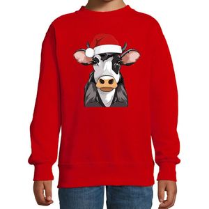 Bellatio Decorations Kersttrui / sweater boerderijdieren - kinderen - Koe - rood - kerstmuts - Kerstmis 98/104