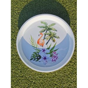 Plateau dienblad wit met Flamingo en tropische bloemen en palmbomen Ø33cm