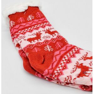 Merino Wollen sokken - Rood met Dennenboom - maat 35/38 - Huissokken - Antislip sokken - Warme sokken – Winter sokken