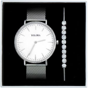 Yolora Luxe Giftbox - Zilverkleurige Armband en RVS Horloge - 130 Kalpa Camaka Kristallen - 18K Witgoud Verguld - Zilver - Vrouwen Sieraden - Dames Geschenkdoos - Cadeau doos - Exclusieve Geschenkverpakking - Mooie Cadeauverpakking