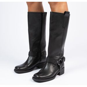Manfield - Dames - Zwarte leren hoge laarzen met zilverkleurige details - Maat 39