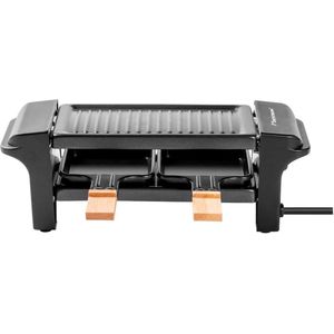 Bestron Mini Raclette, Gourmetstel voor 1 tot 2 personen, incl. 2 pannen, 2 houten spatels & 2 onderzetter, met antiaanbaklaag, 350W, kleur: zwaart/hout