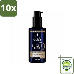 10 x Gliss - Haarserum - Night Elixer Overnight Repair - Herstel van Beschadigd Haar - 100 ml - Grootverpakking - Haar Serum - Nacht Serum - Haar Herstel - Beschadigd Haar - Glanzend Haar